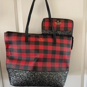 Kate Spade Red and Black Checkered Tote with Glitter Accent